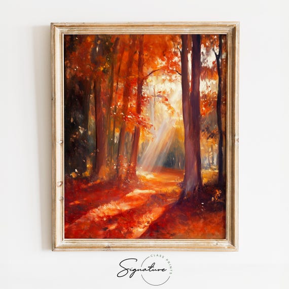 Autumn Sunlight Through Forest Trees Warm Fall Colors Moody Nature Path Earthy Cottagecore Wall Art Fall Decor 1550