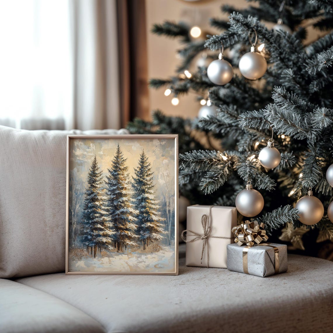 Snow Dusted Fir Trees In Winter Mist Warm Light Rustic Poster - Image 5