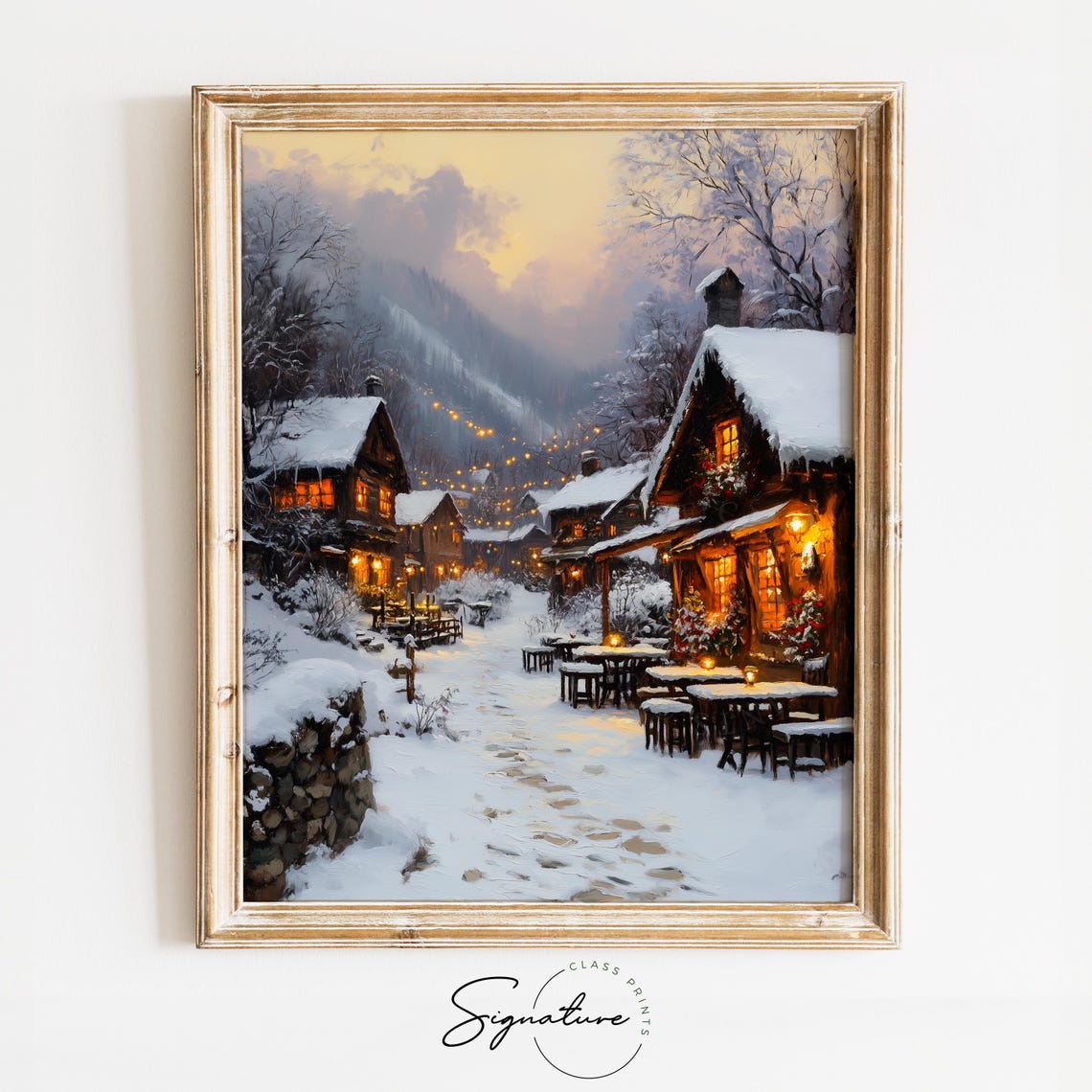 Magical Snowy Village Square With Outdoor Cafe Lights Winter Poster