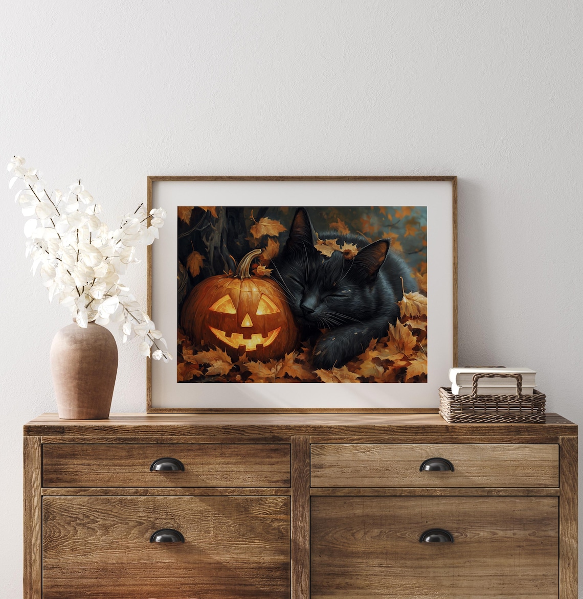 Sleeping Black Cat Nestled Against a Glowing Pumpkin in Fall Leaves Poster - Image 3