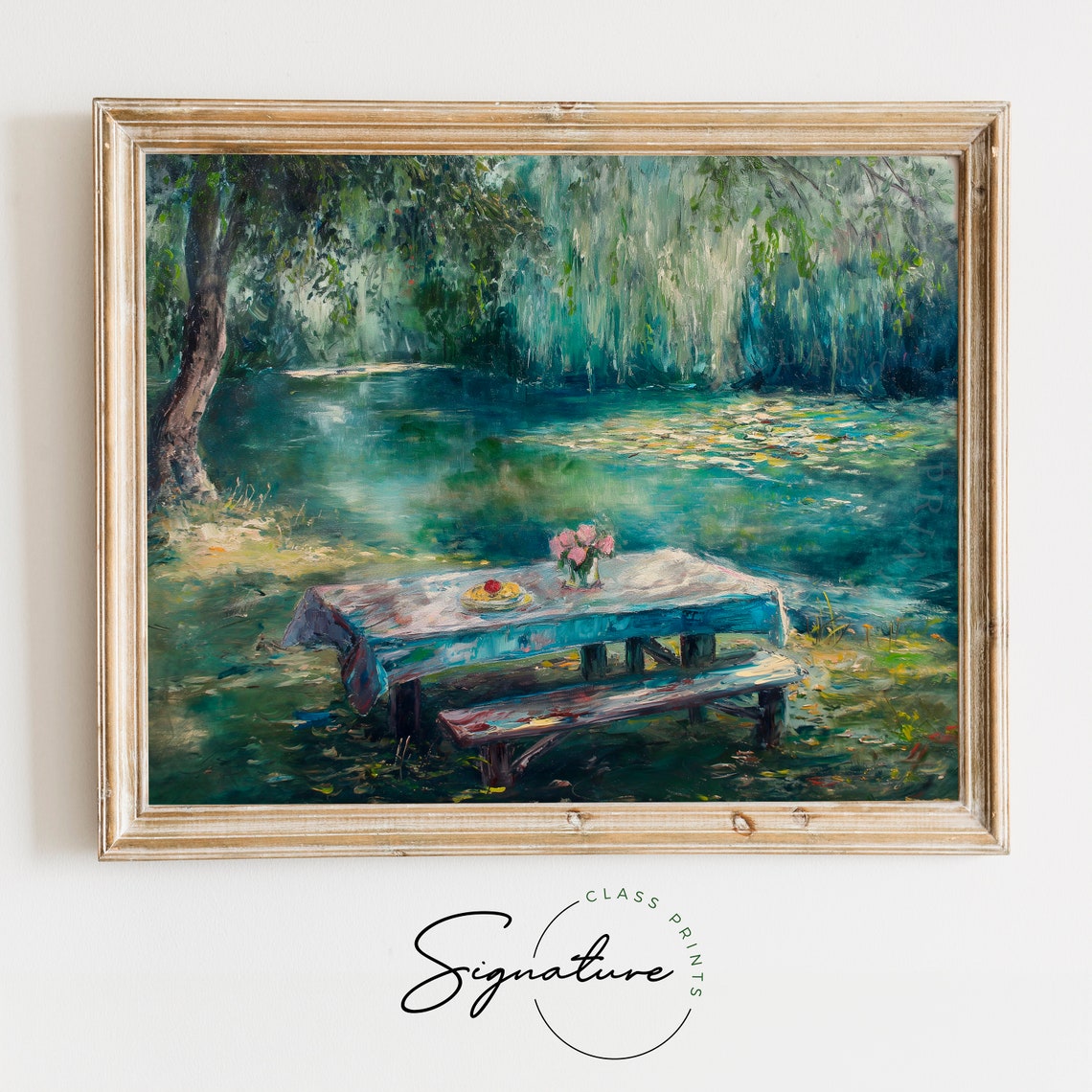 Picnic Table by a Willow Lined Lake Impressionist Summer Poster