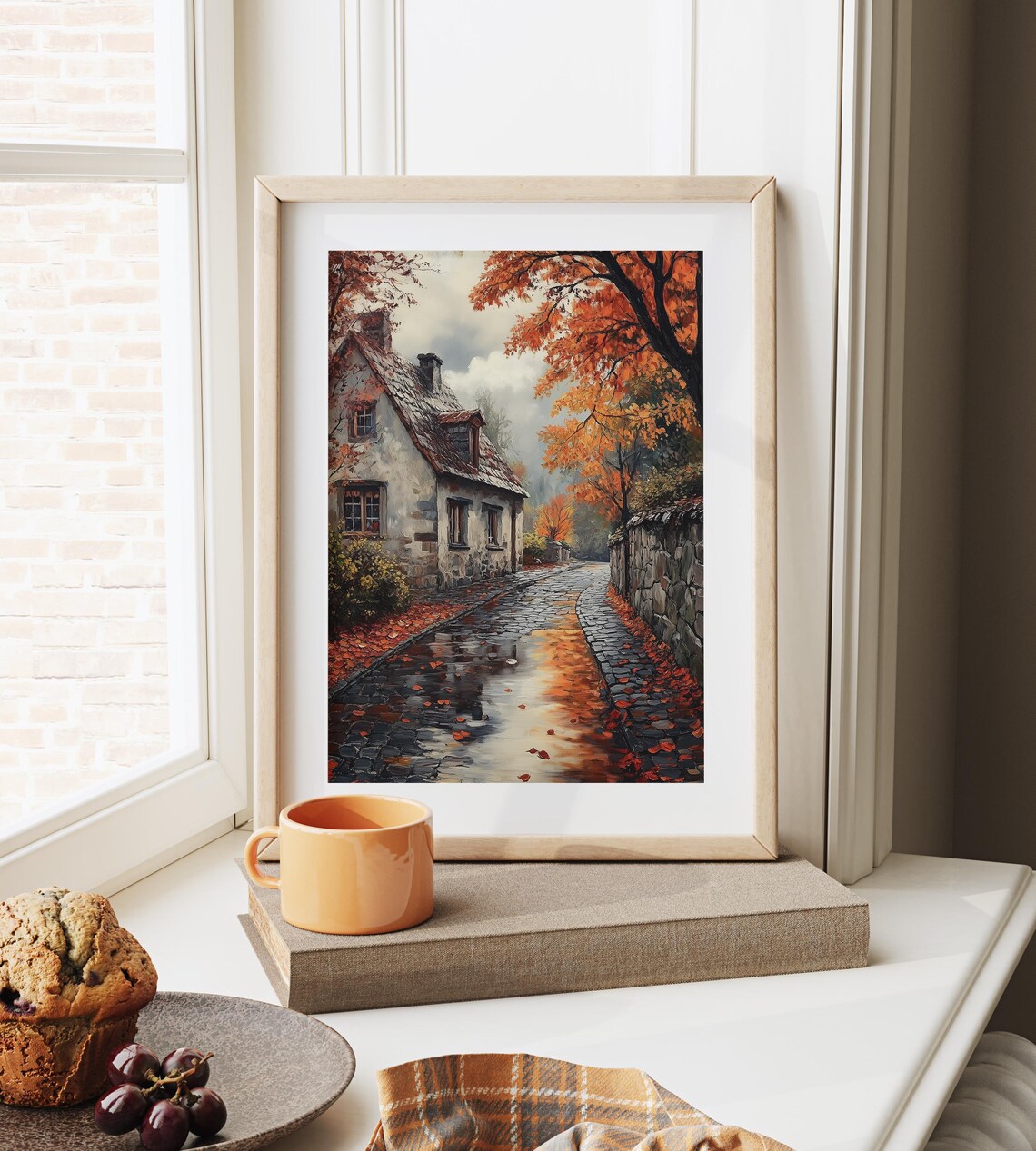 Autumn Cobblestone Street Rainy Day Village Art - Image 6