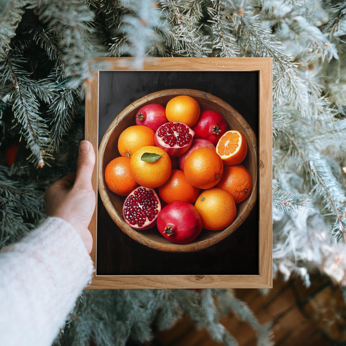 Wooden Bowl Of Oranges And Pomegranates Rustic Fruit Painting Poster - Image 6