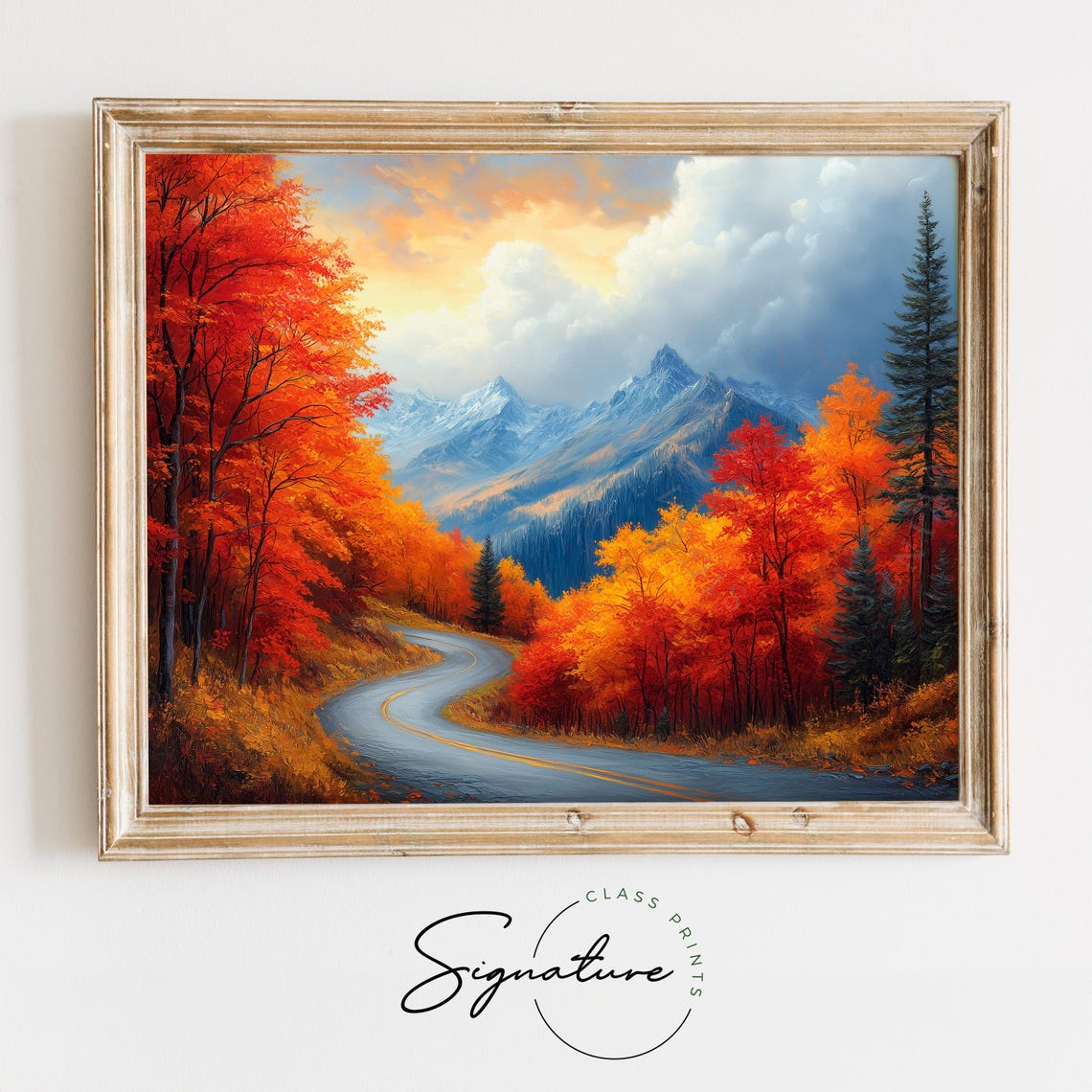 Winding Road Snowy Peaks Blazing Autumn Trees Oil Painting Poster