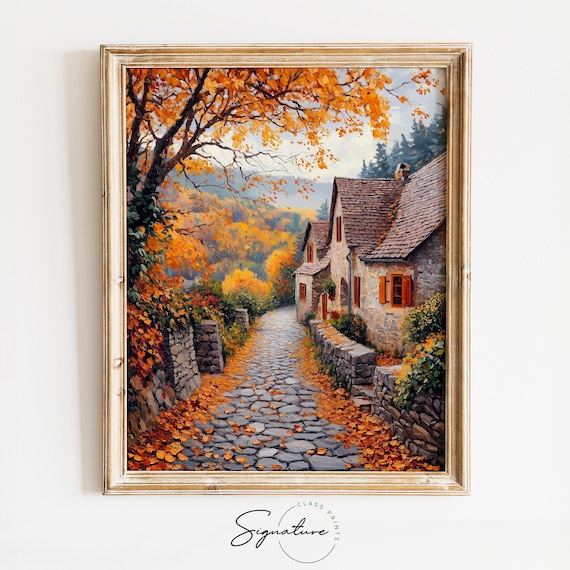 Cobblestone Village Lane, Rustic Autumn Landscape Art Print