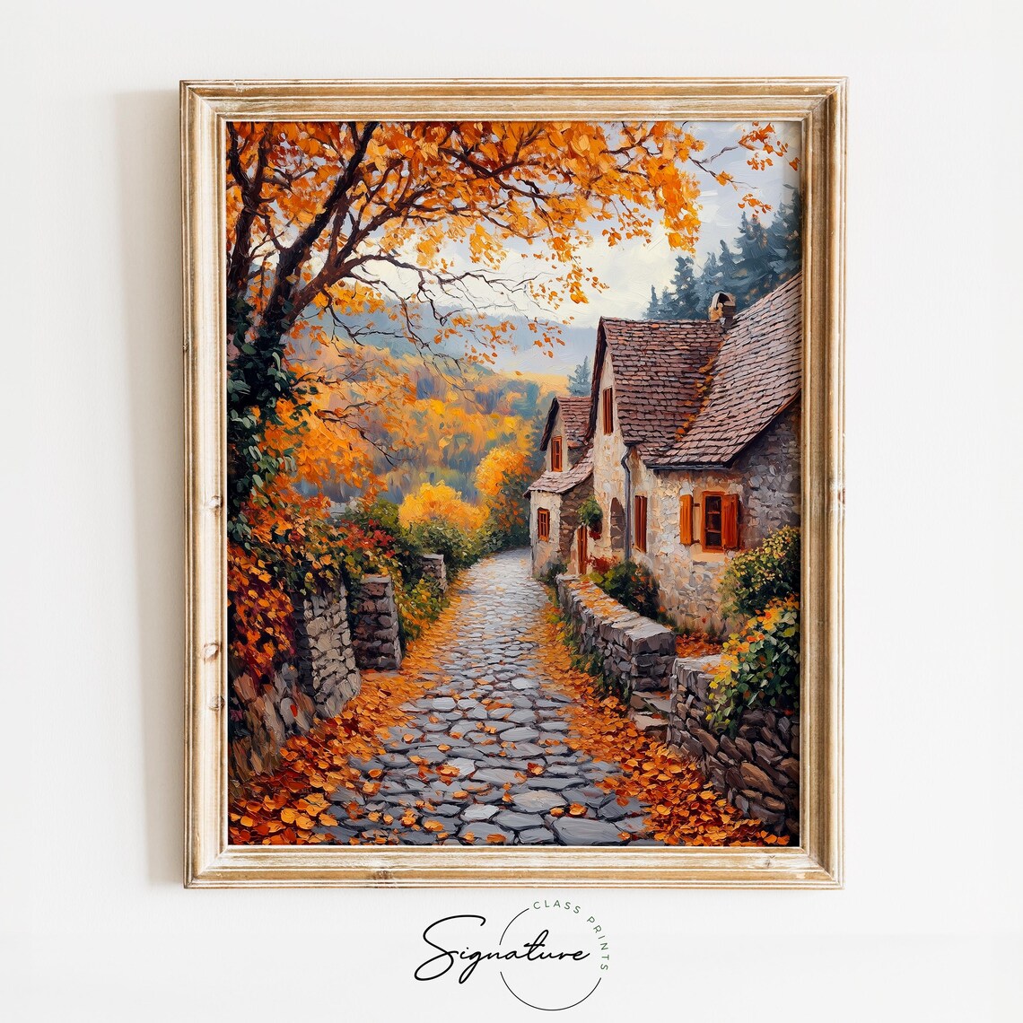 Cobblestone Village Lane, Rustic Autumn Landscape Art Print