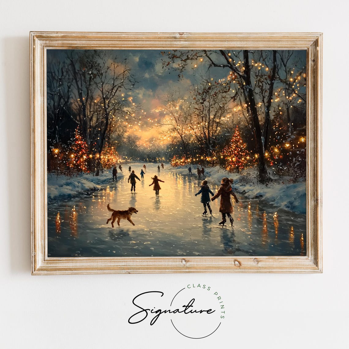 Children And A Dog Skating On A Frozen Lake At Dusk Lights Poster