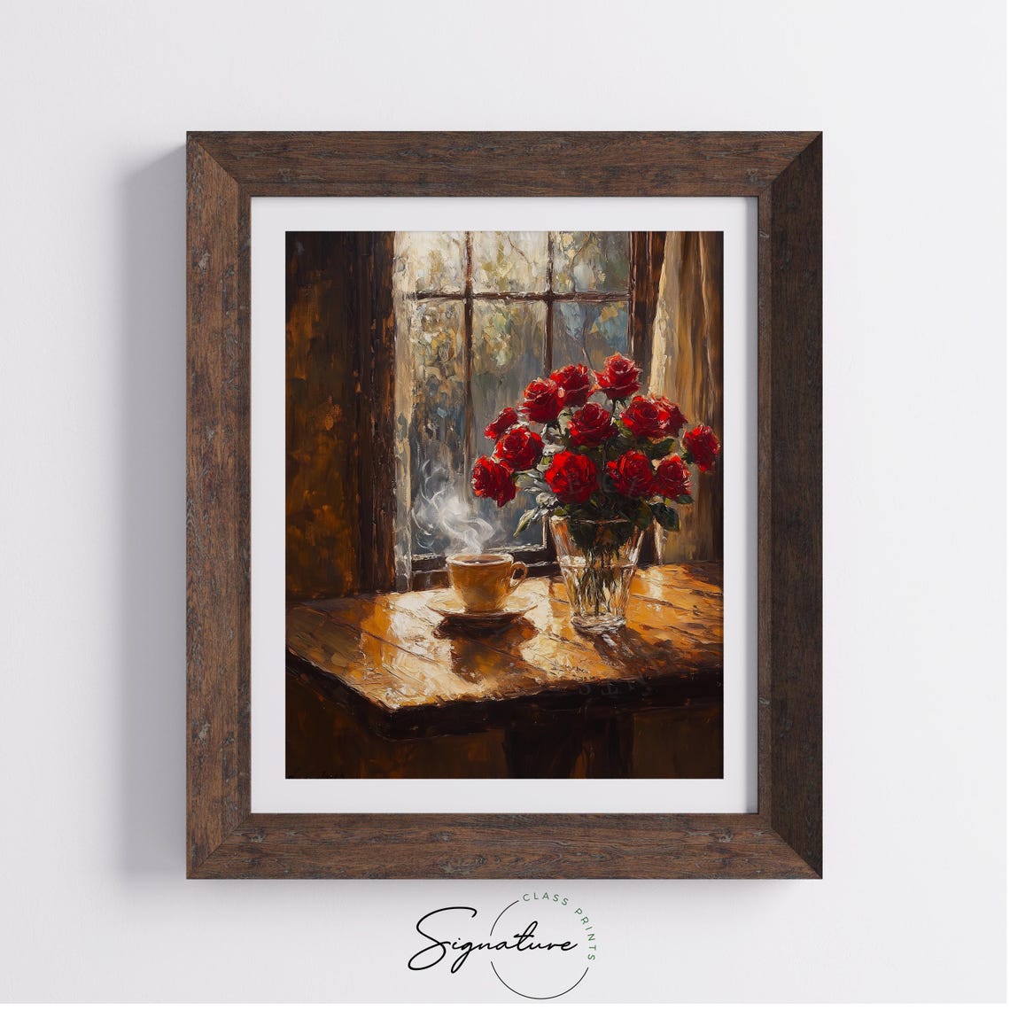 Red Roses Vase Steaming Coffee Sunlit Window Cozy Morning Art Poster - Image 4