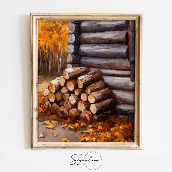 Rustic Log Cabin Firewood Stack With Autumn Leaves Fall Poster