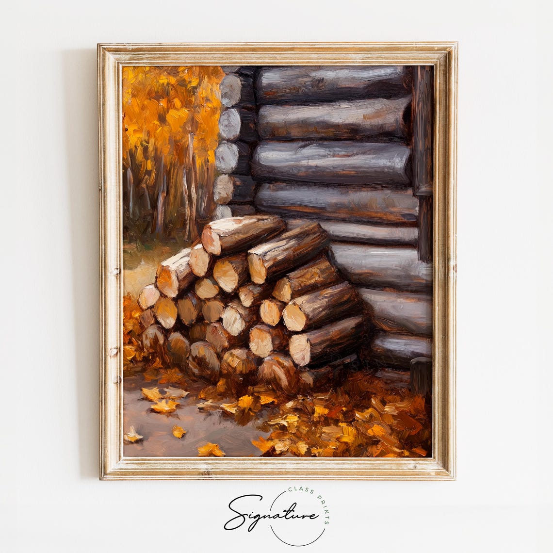 Rustic Log Cabin Firewood Stack With Autumn Leaves Fall Poster