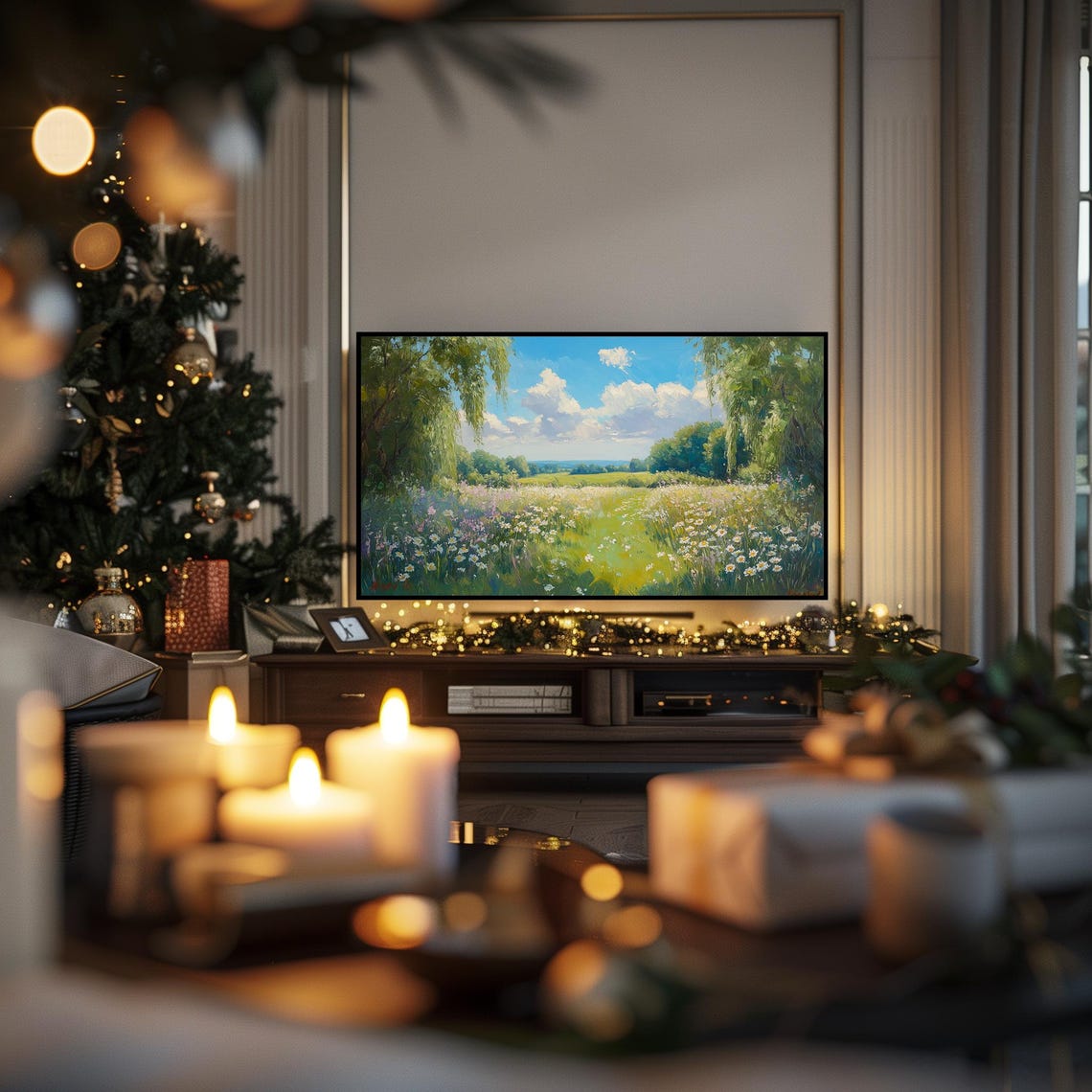 Daisy Meadow Framed By Willow Trees Under Blue Sky Frame TV Wall Art - Image 3