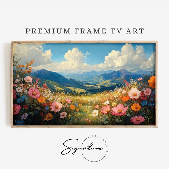 Colorful Wildflower Field Below Blue Mountains Frame TV Wall Art
