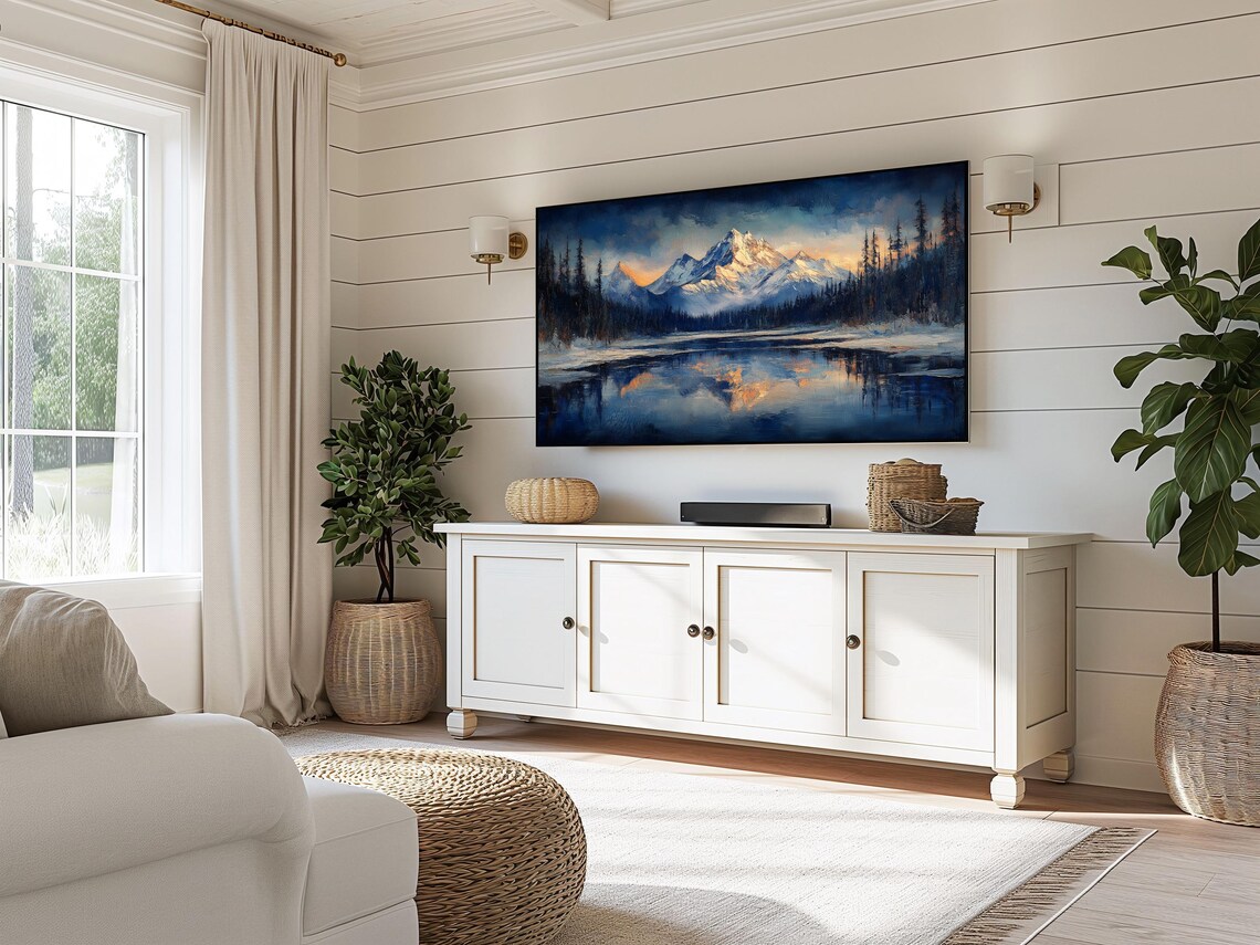 Snow Capped Mountain Peaks Mirror Lake Alpenglow Warm Light Reflection Poster - Image 3