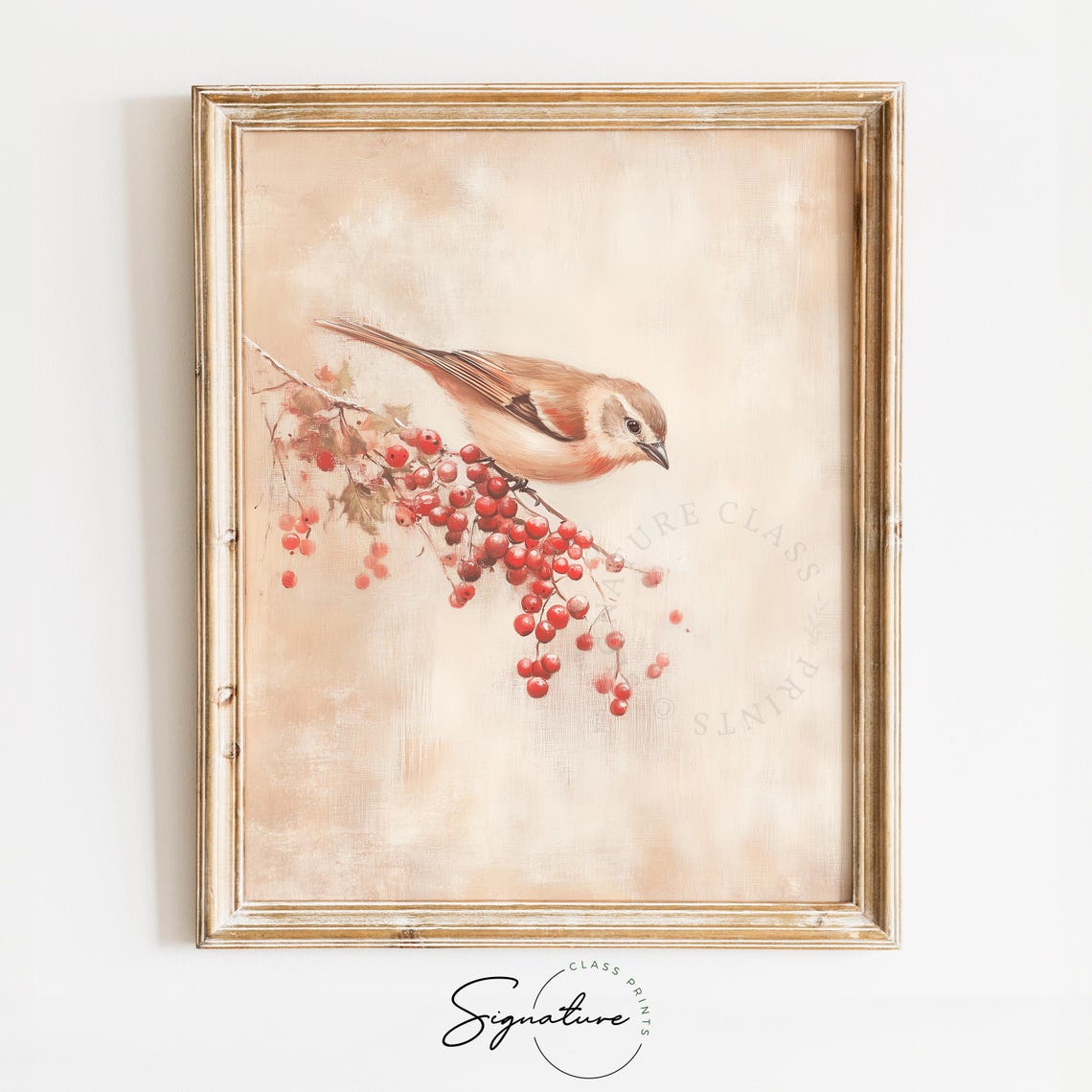 Songbird Resting on Red Winter Berries Vintage Winter Poster