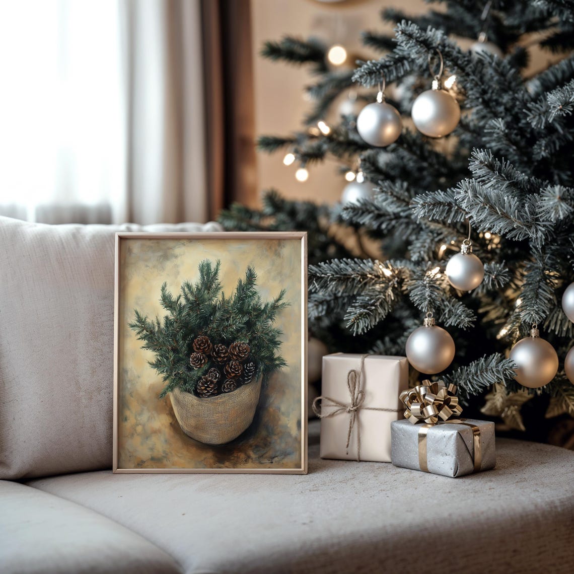 Potted Evergreen Tree with Pinecones in Burlap Pot Christmas Poster - Image 5