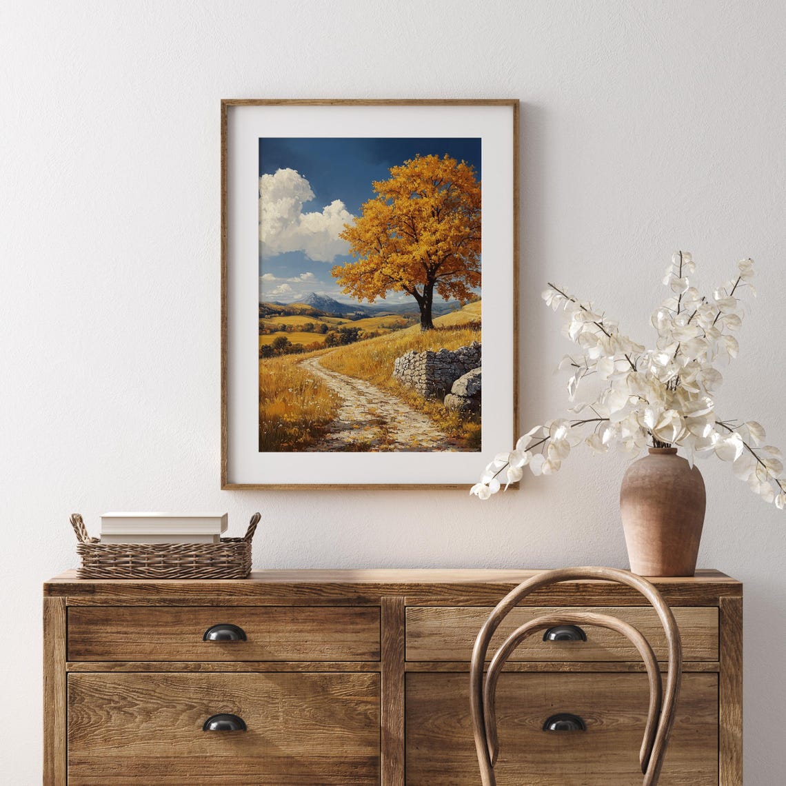Golden Autumn Tree Lone Hillside Path Mountain View Oil Art Poster - Image 5