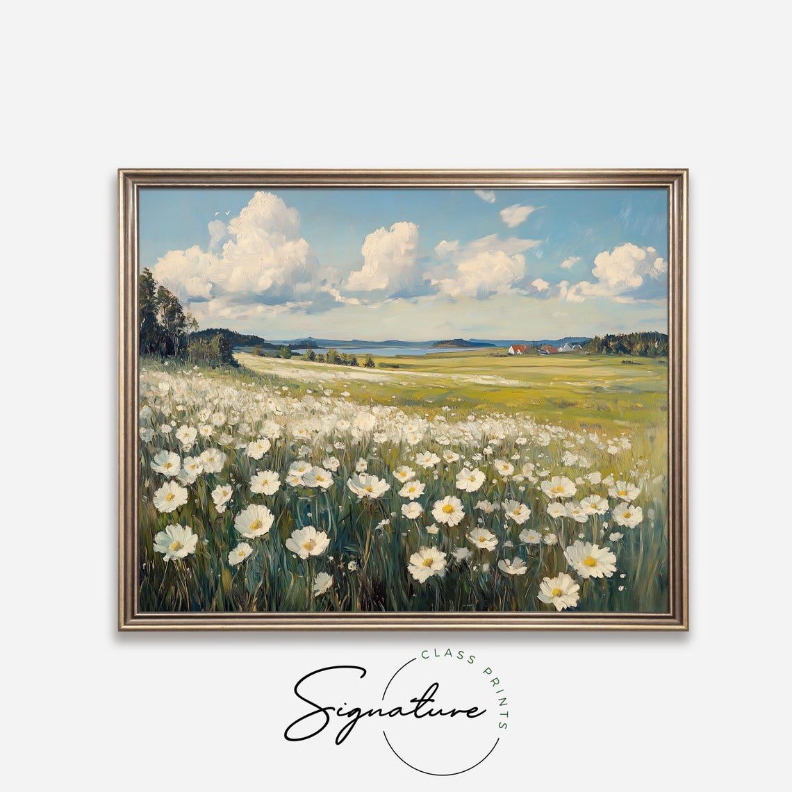 White Flowers Blooming Meadow Lakeside Summer Cottagecore Art Poster - Image 4