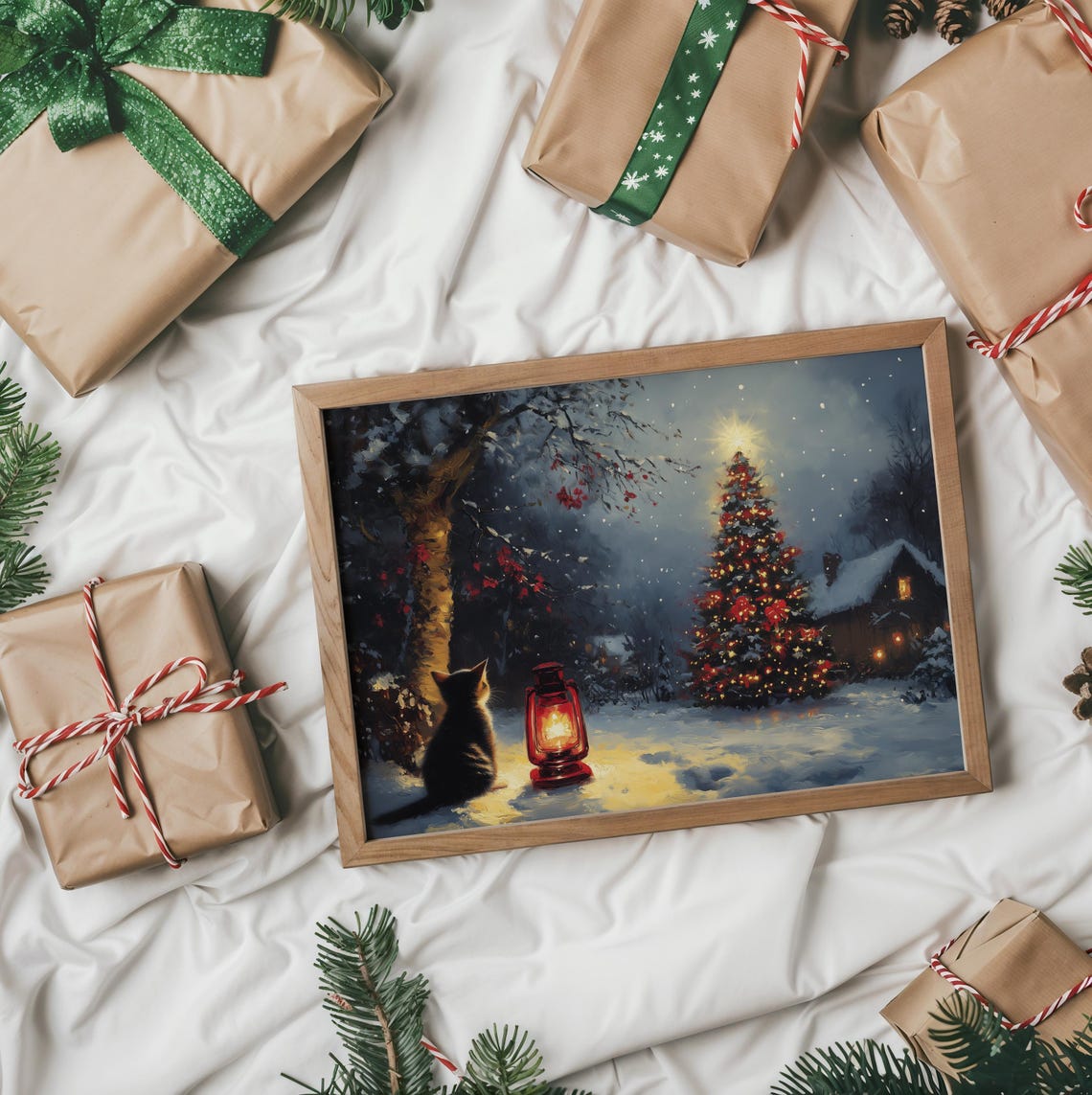 Kitten By A Glowing Lantern Gazing At A Christmas Tree At Night Poster - Image 2