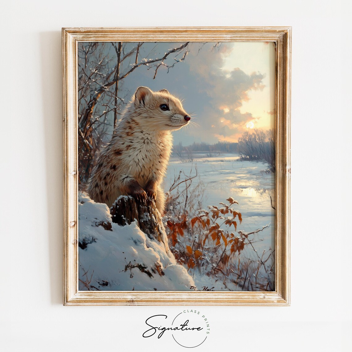 Ermine White Winter Weasel Sunset Frozen River Wildlife Painting Poster