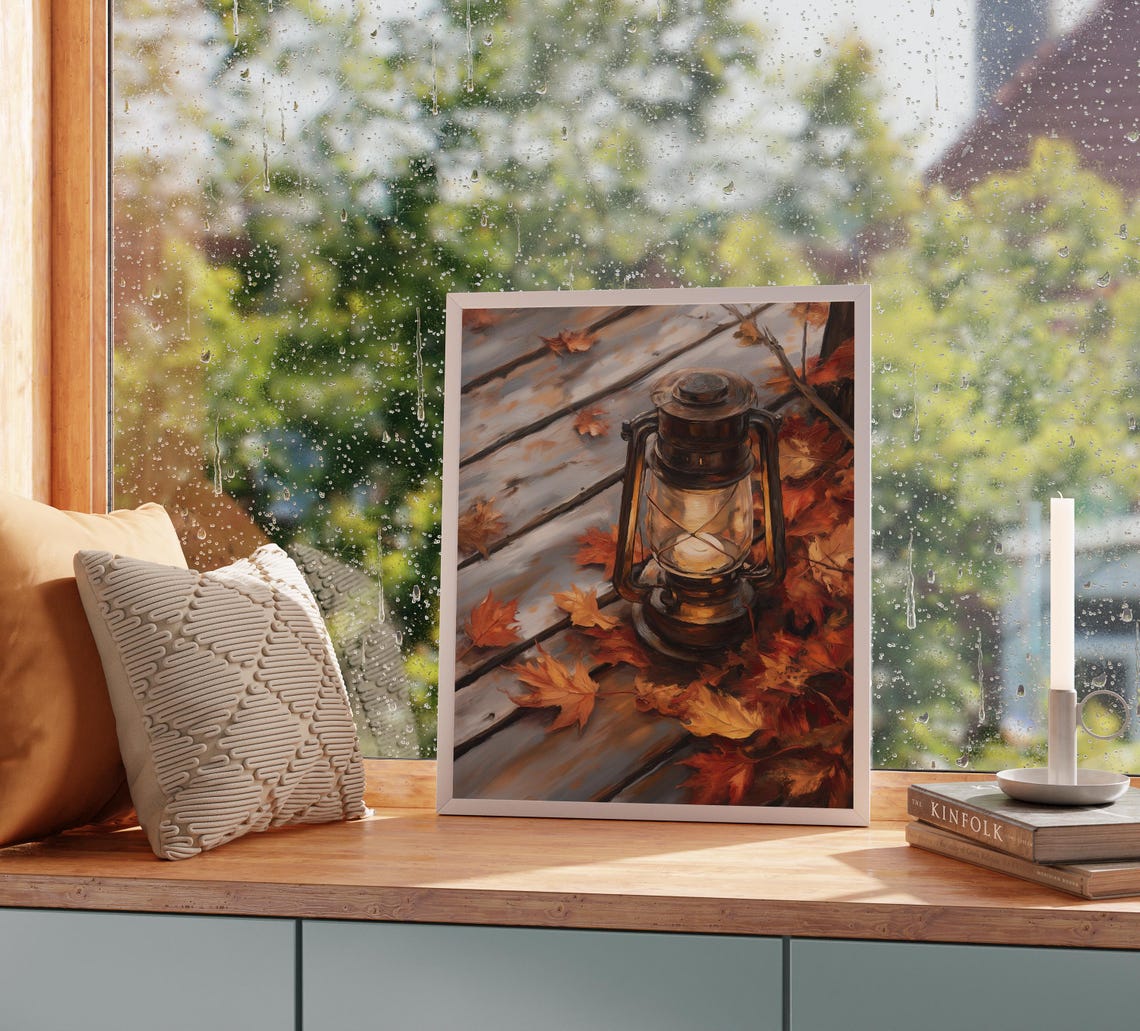 Vintage Lantern Glowing Among Fall Leaves Rustic Autumn Poster - Image 2