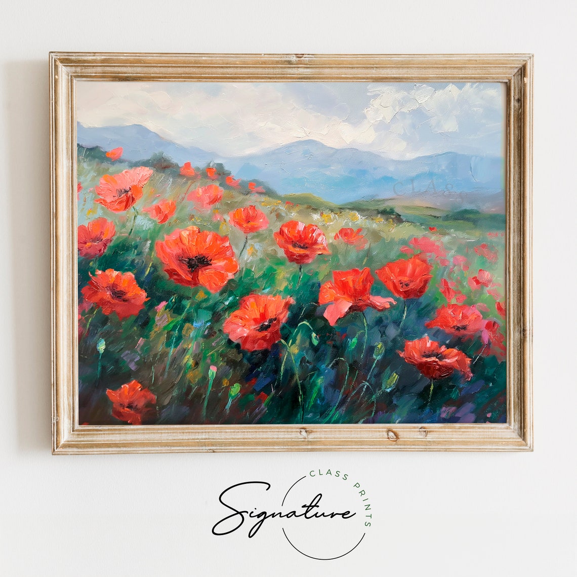 Red Poppy Field with Blue Mountains Impressionist Landscape Poster