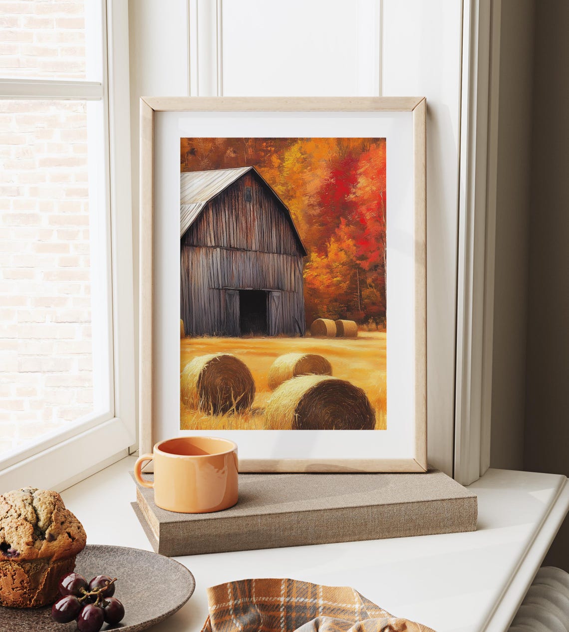 Weathered Barn Hay Bales Crimson Autumn Trees Harvest Field Poster - Image 6