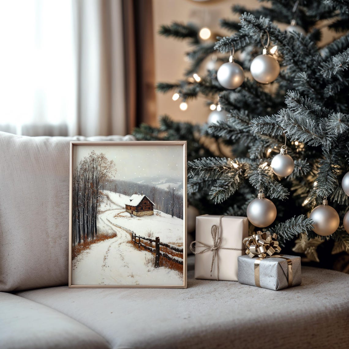 Snowy Log Cabin in Winter with Falling Snow Winding Path Poster - Image 5