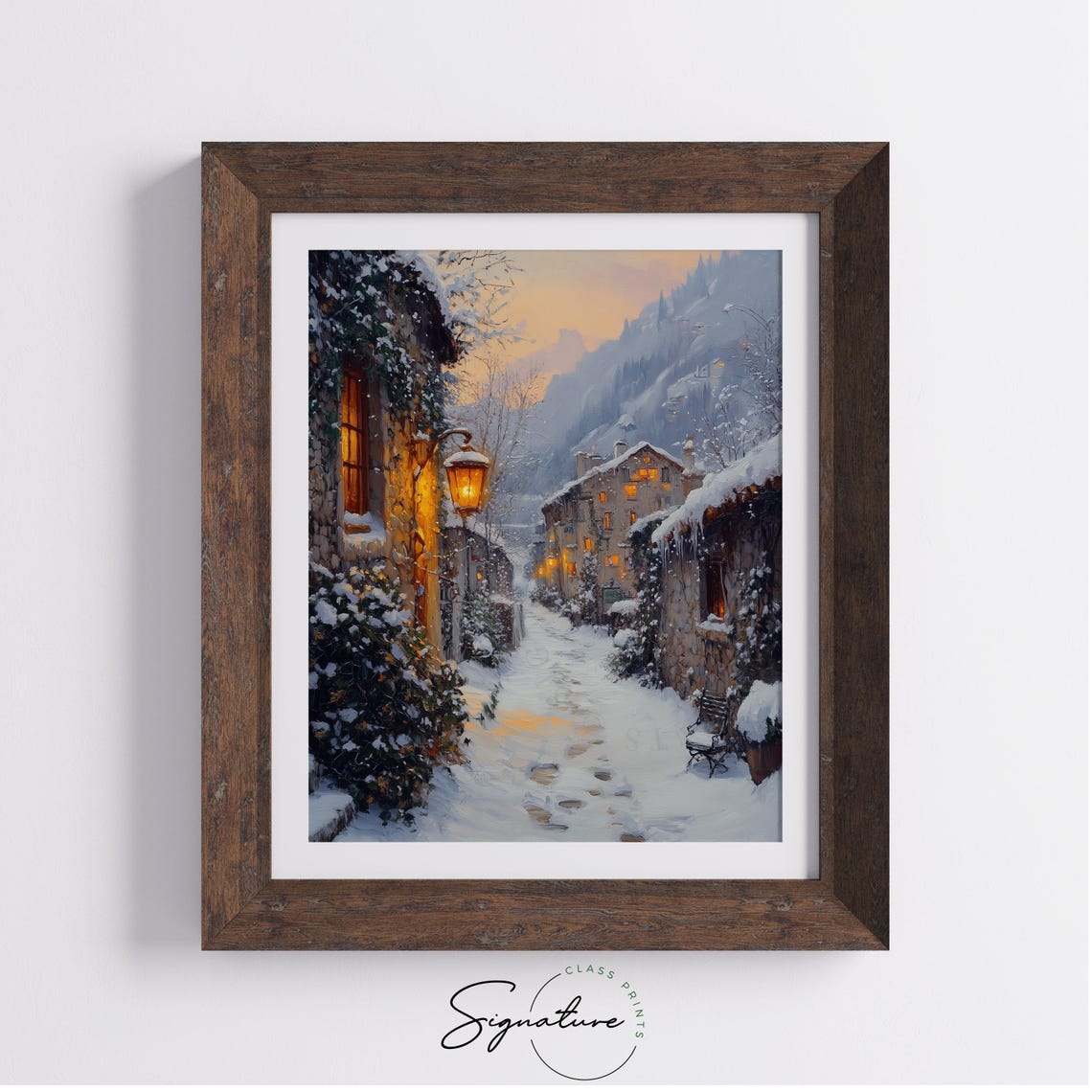 Snowy Village Lane At Dusk With Glowing Lamp Winter Scene Poster - Image 3