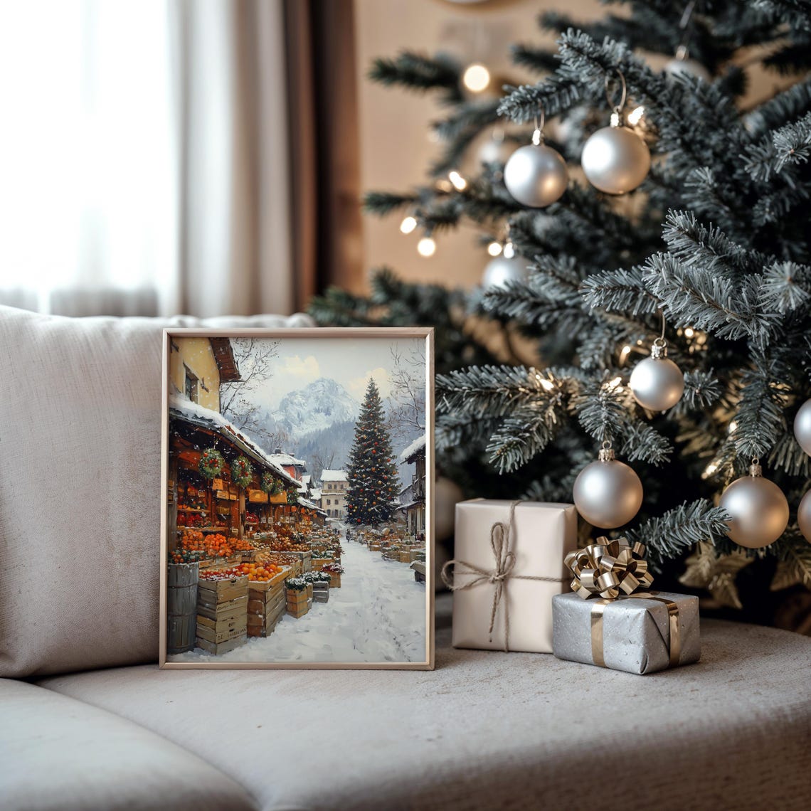Snowy Christmas Market with Orange Crates in Town Square Poster - Image 5