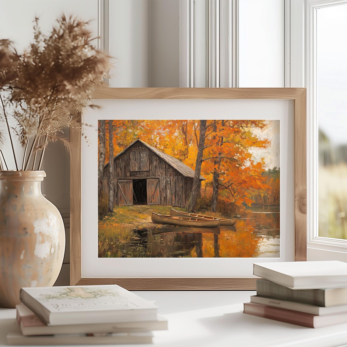 Weathered Barn Beside a Lake With Two Canoes in Peak Fall Colors Poster - Image 2