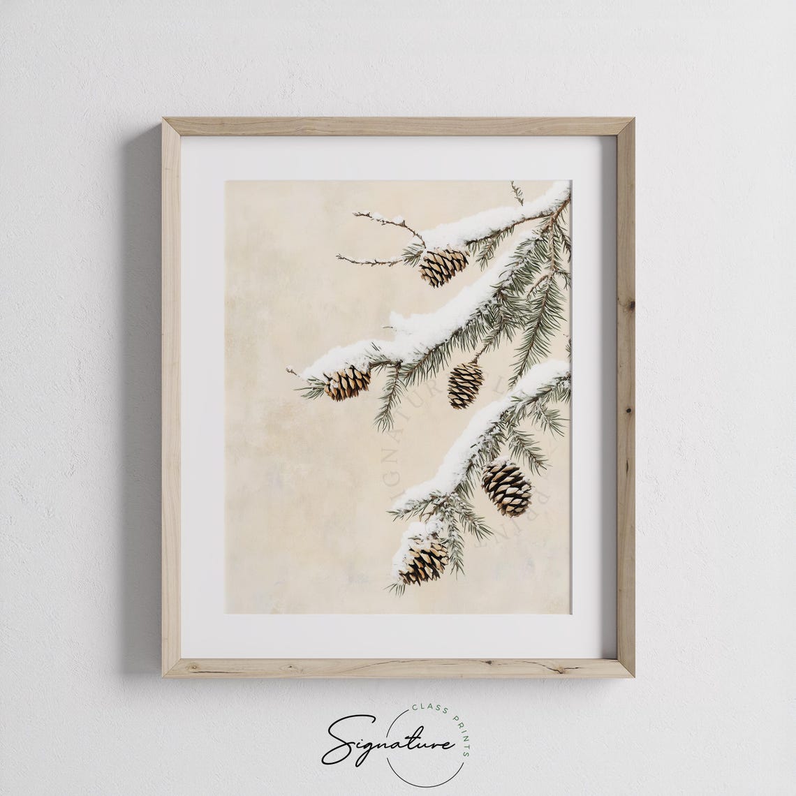 Snowy Pine Branch With Pinecones On Cream Minimalist Winter Wall Art - Image 2