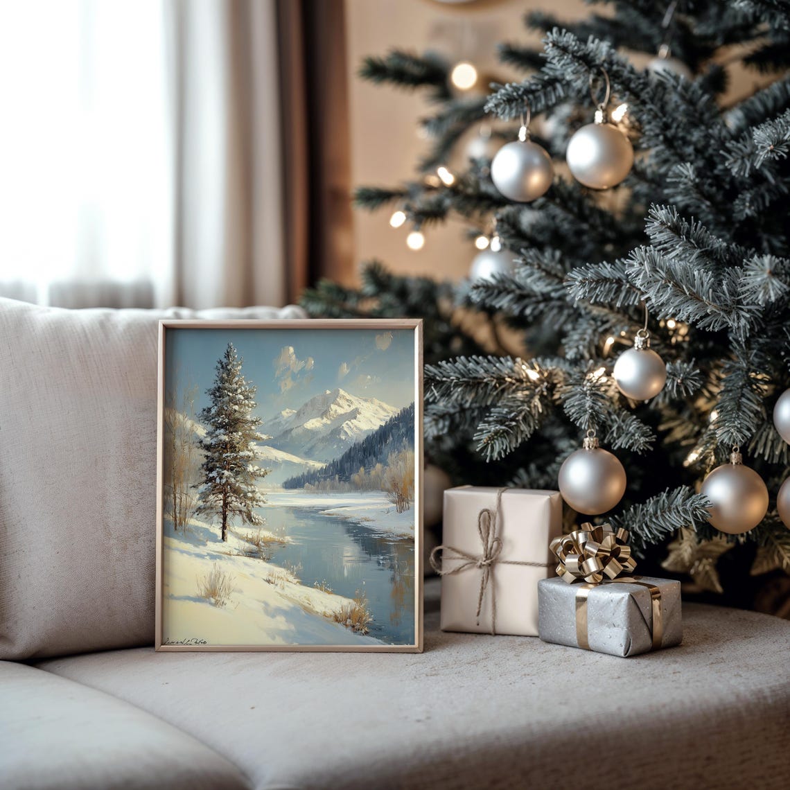 Lone Snowy Pine by Calm River with Mountains Winter Day Poster - Image 5