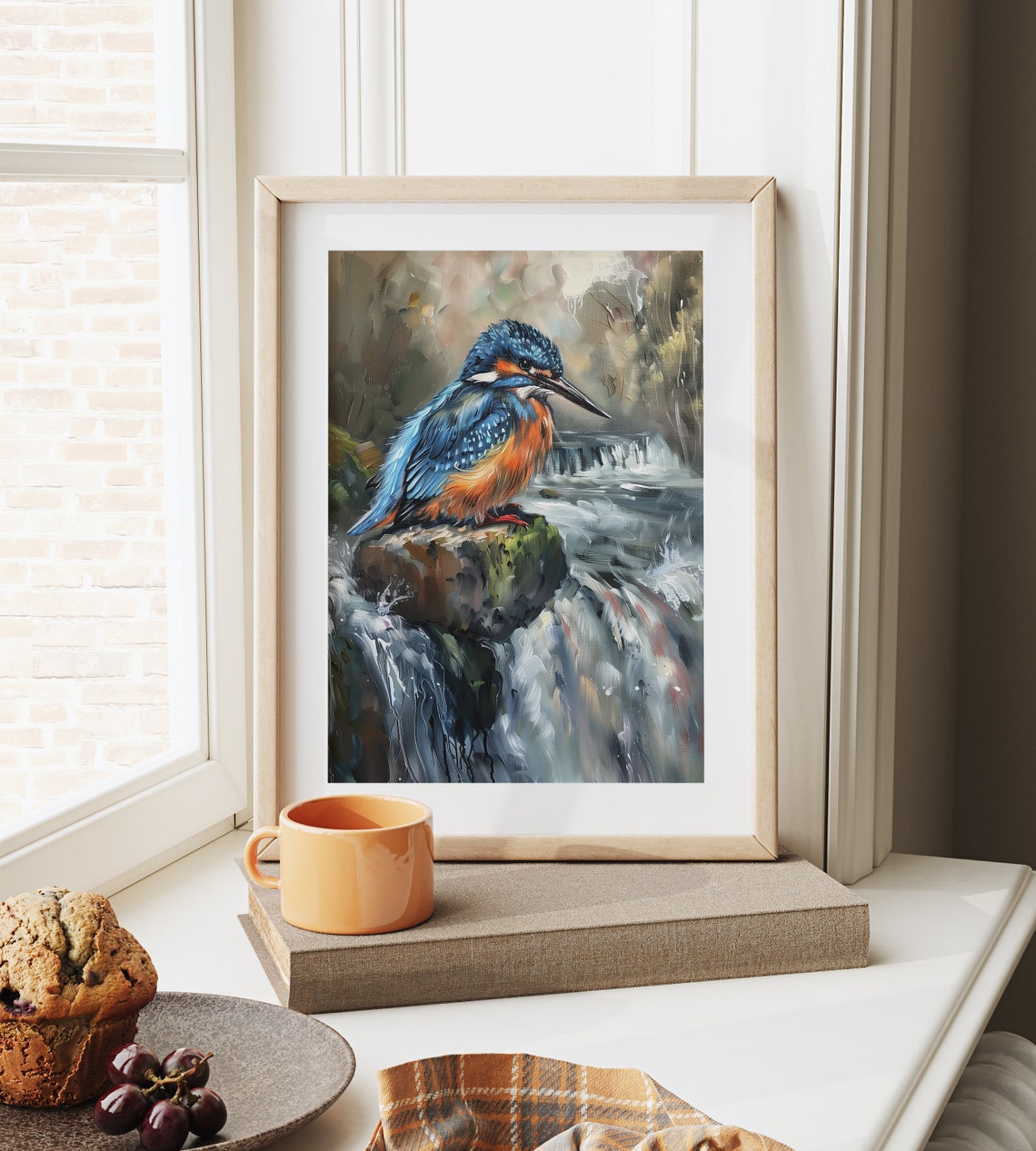 Kingfisher Perched By Waterfall Vivid Blue Bird Painting Poster - Image 6