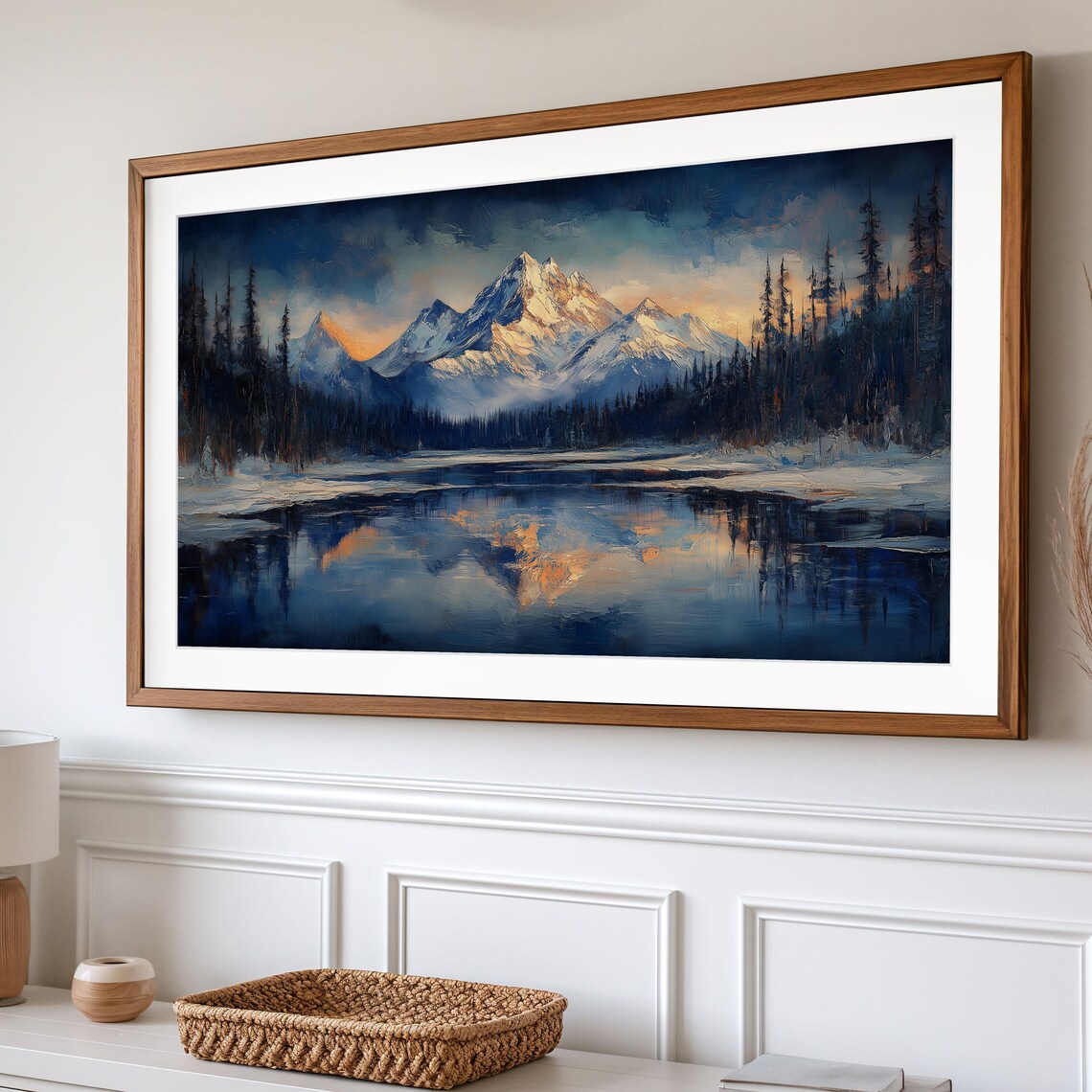 Snow Capped Mountain Peaks Mirror Lake Alpenglow Warm Light Reflection Poster - Image 2