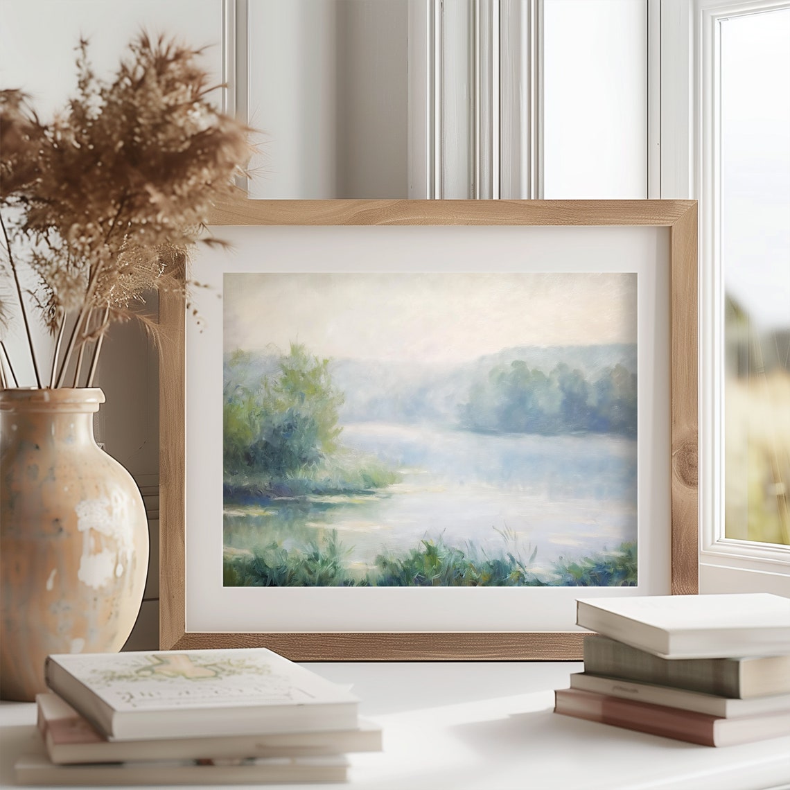 Misty Lake Oil Painting Soft Pastel Impressionist Waterscape Poster - Image 2