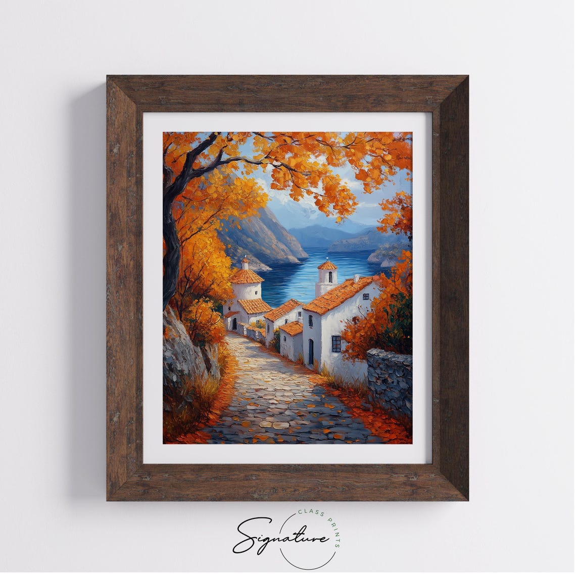 Mediterranean Seaside Village Autumn Trees Coastal Bay View Poster - Image 4