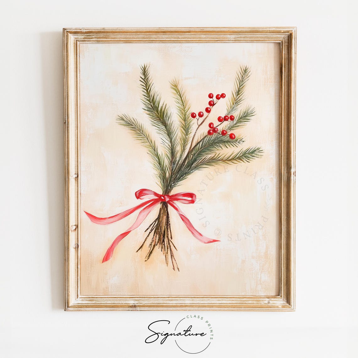 Pine Sprigs and Red Berries Hand Tied Bouquet with Red Ribbon Poster