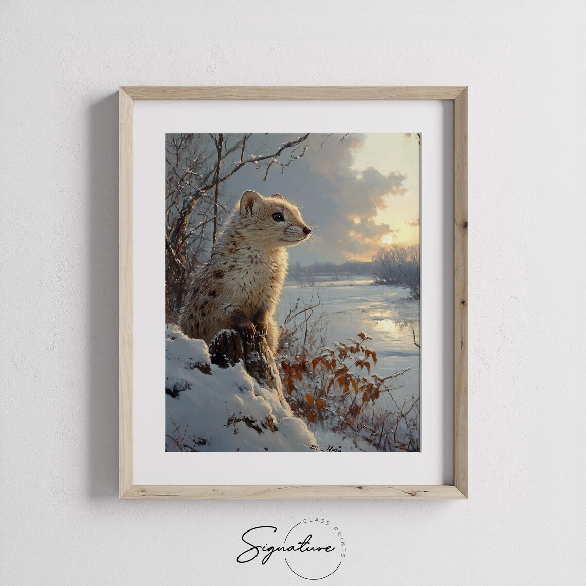 Ermine White Winter Weasel Sunset Frozen River Wildlife Painting Poster - Image 3