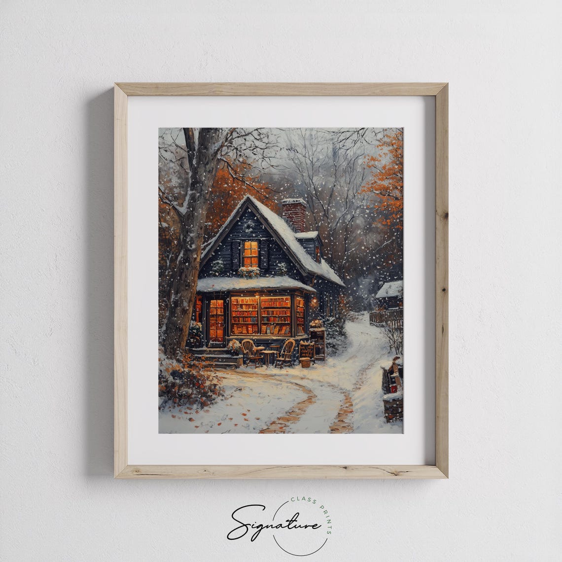Cozy Bookstore in the Snow at Night with Glowing Windows Poster - Image 2