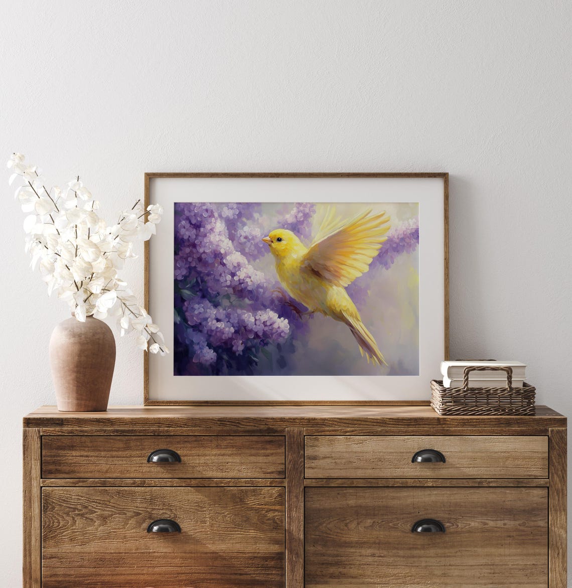 Yellow Canary With Wings Spread Among Purple Lilac Blooms Poster - Image 2