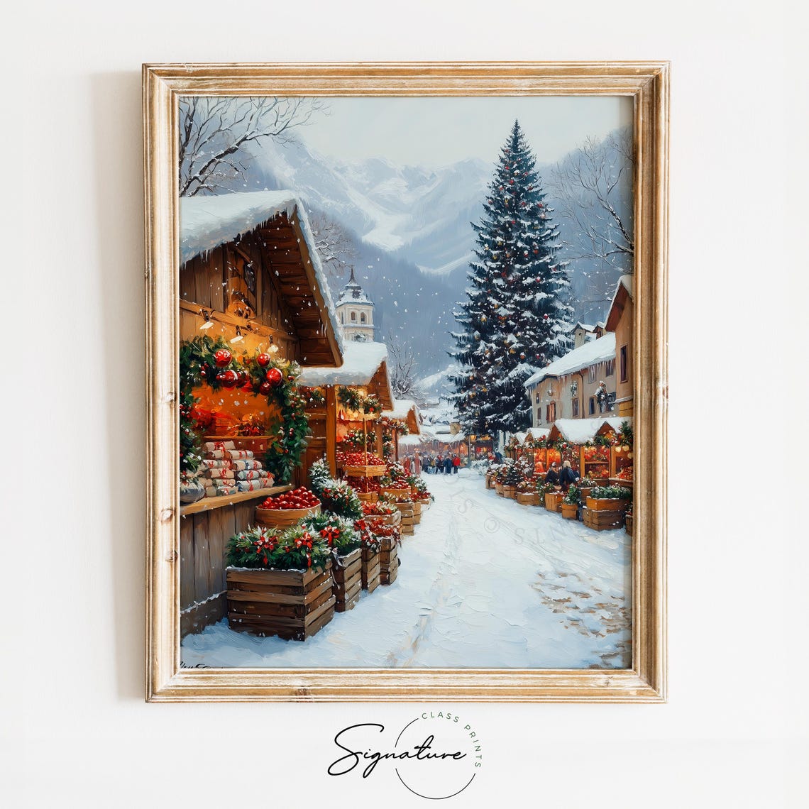 Alpine Christmas Market with Church Tree and Wooden Stalls Poster