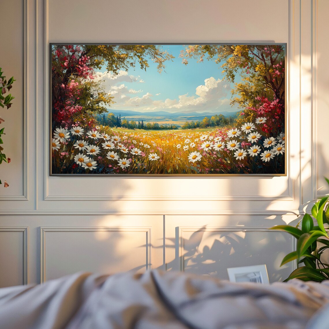 Wildflower Meadow Daisies Pink Blooms Tree Canopy Sunny Valley View Poster - Image 4