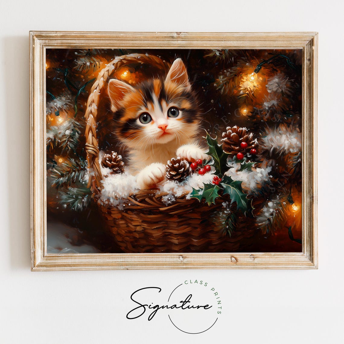 Calico Kitten in Wicker Basket with Holly Pinecones and Berries Poster
