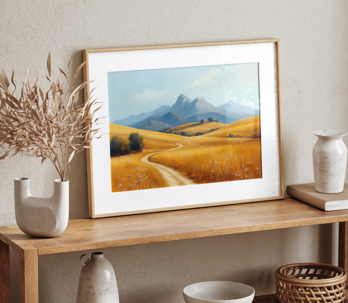 Golden Rolling Hills Mountain View Autumn Country Path Wall Art - Image 4
