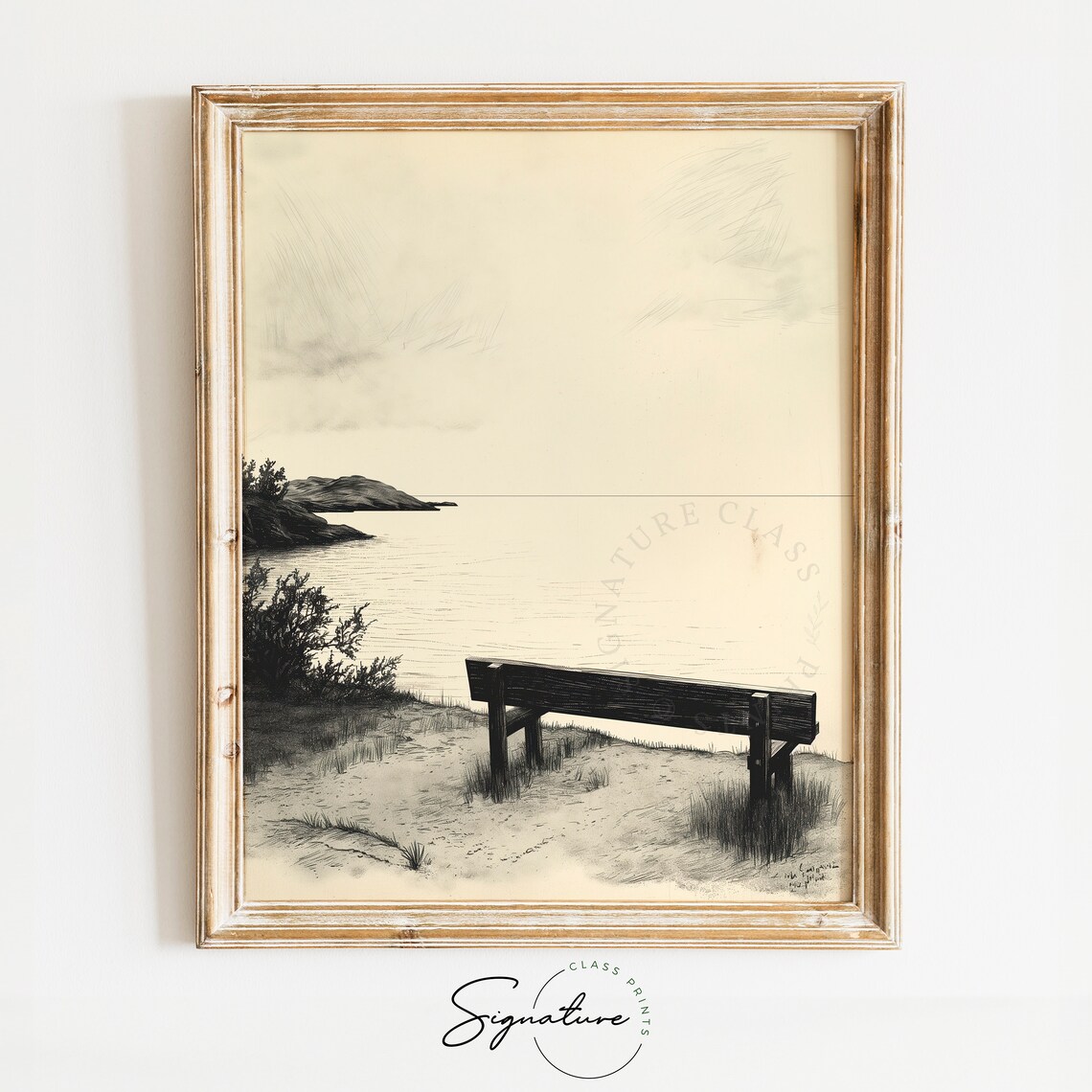 Secluded Cove Bench Overlook Ink Sketch Coastal Calm Minimalist Art Poster
