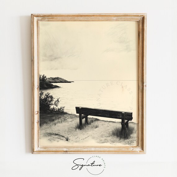 Secluded Cove Bench Overlook Ink Sketch Coastal Calm Minimalist Art Poster