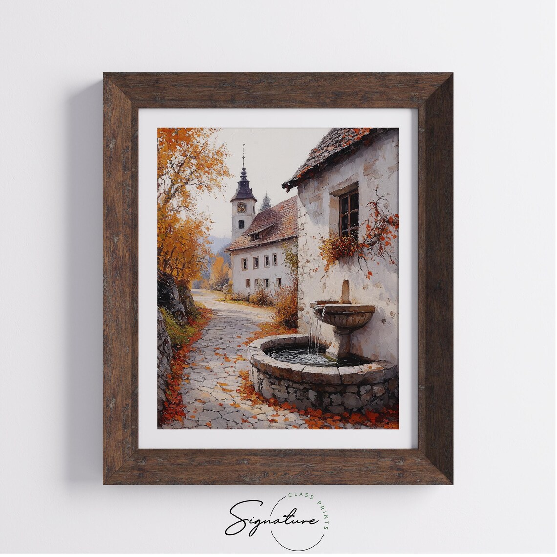 Old European Street With Stone Fountain and Clock Tower in Autumn Wall Art - Image 4