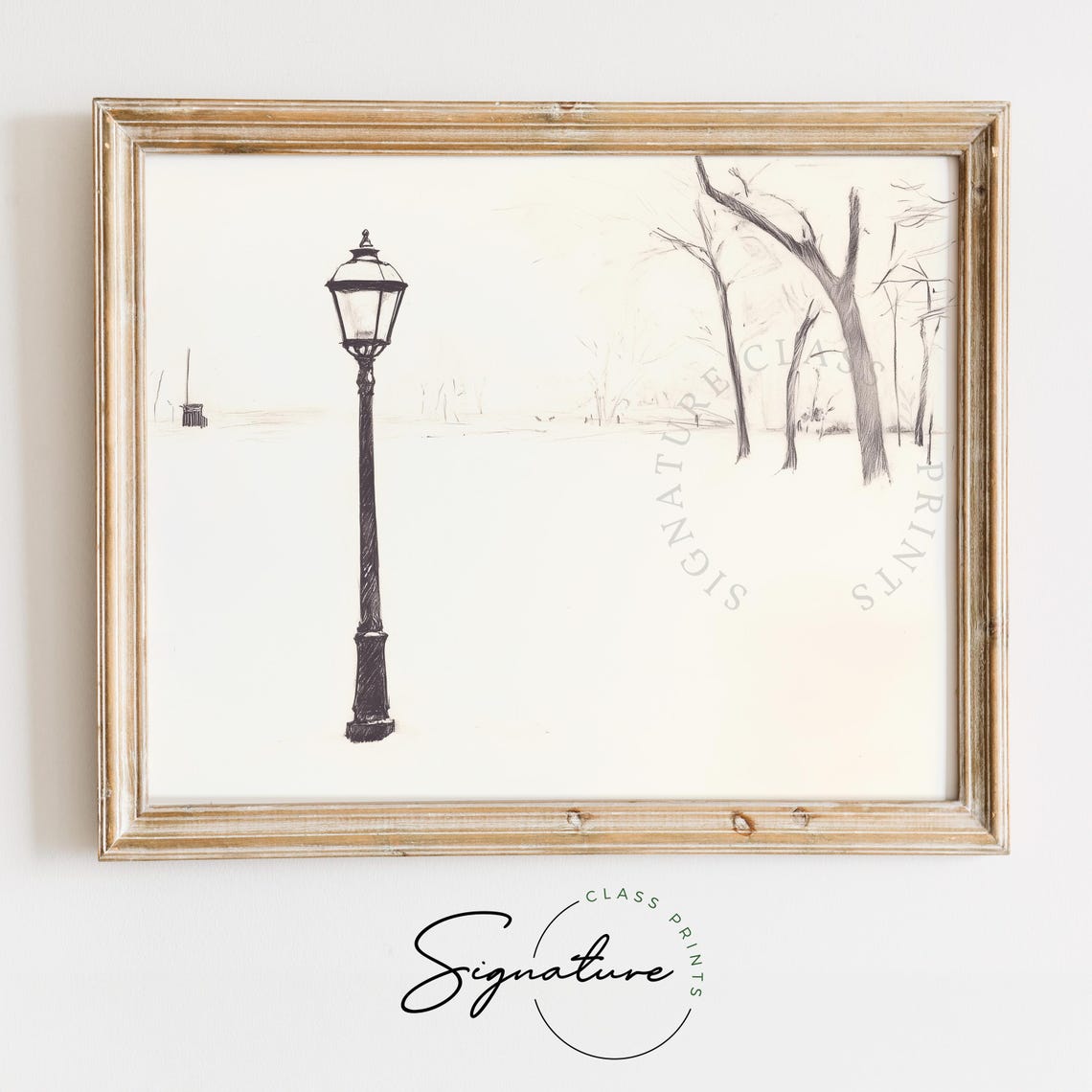 Vintage Streetlamp In Snowy Park Ink Sketch Minimalist Winter Wall Art