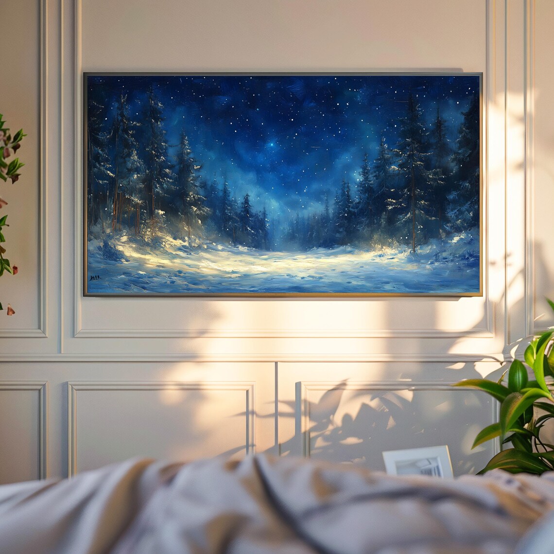 Starry Night Snowy Forest Art Print, Rustic Moody - Image 4