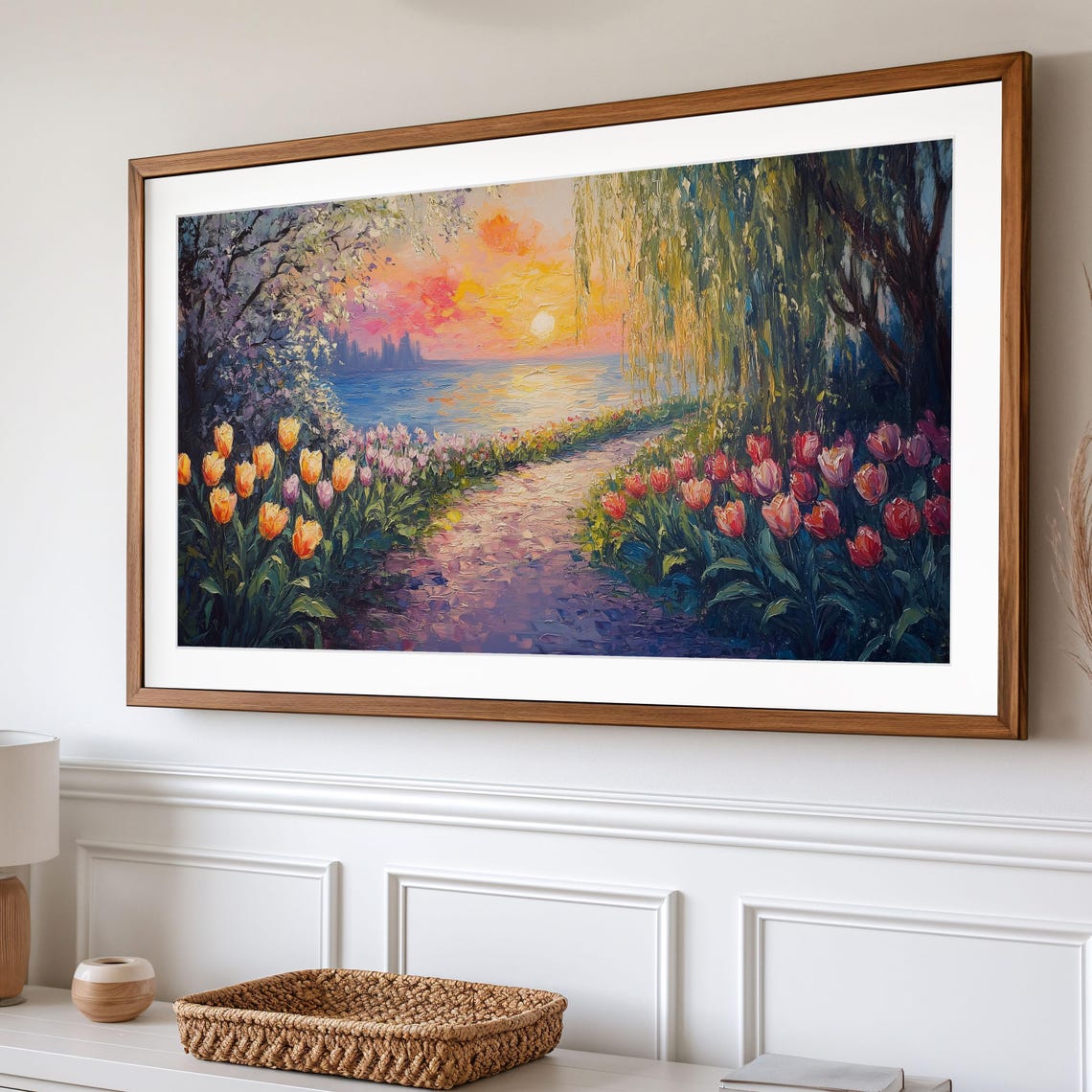 Tulip Garden Path To The Lake At Sunset With Willow Spring Art Poster - Image 2